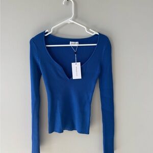Lovers + Friends Blue Fitted Bodysuit Long Sleeve Tee